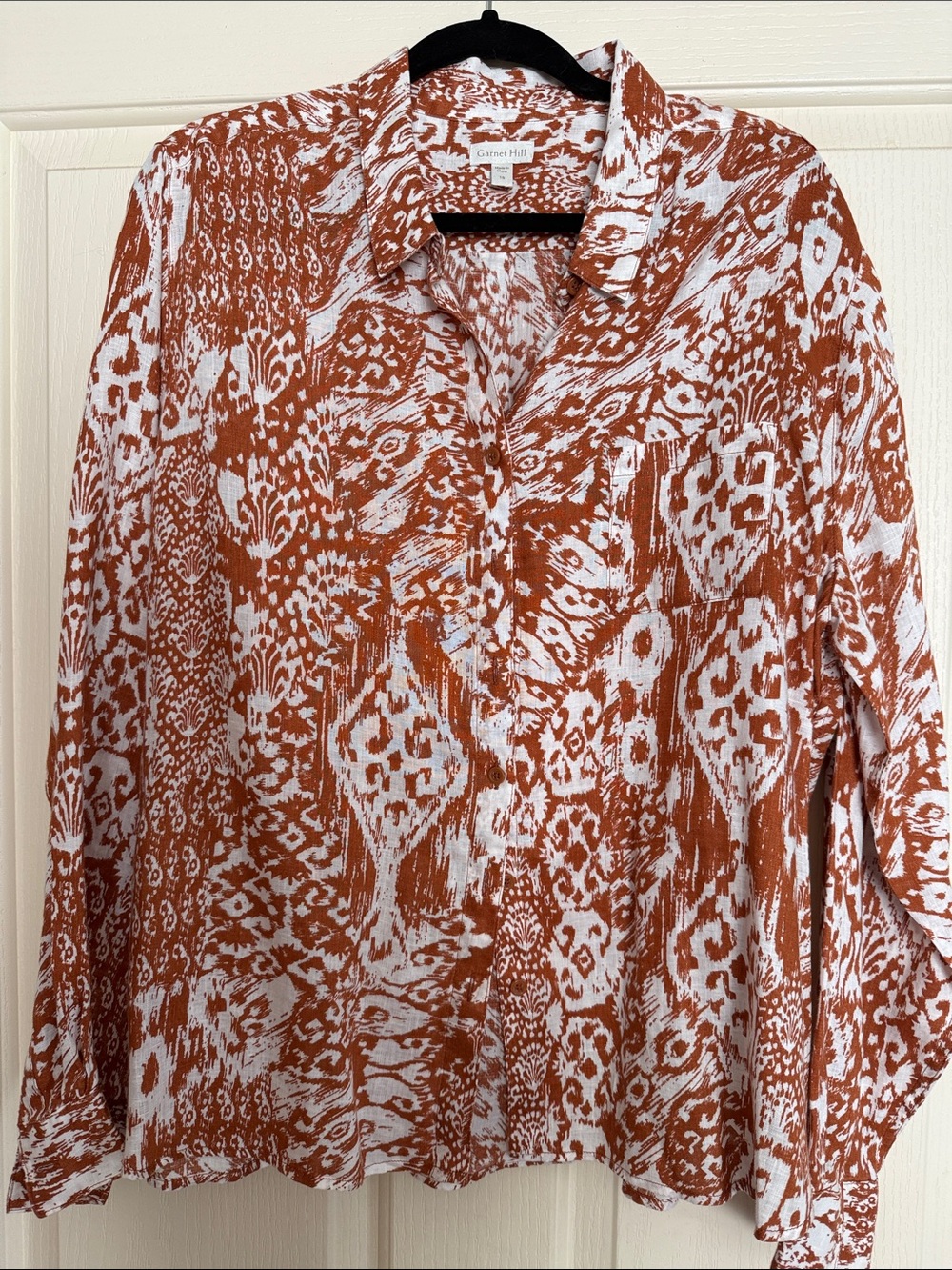 Garnet Hill Rust and White Abstract Print Linen Blouse